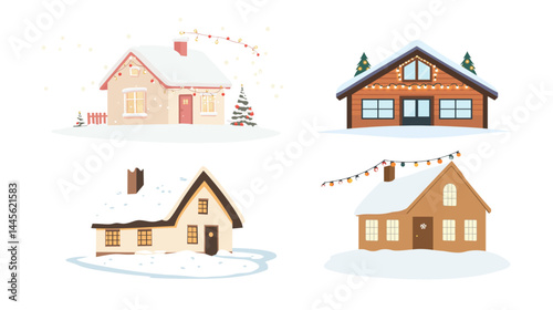 A cozy snowy house with warm lights glowing on a white background, evoking a festive winter atmosphere.