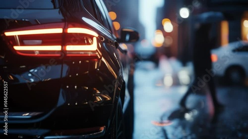 Modern black car taillight glows on wet city street at night with bokeh lights. Reflective pavement and passing traffic create urban evening atmosphere. Scene of rainy city drive.