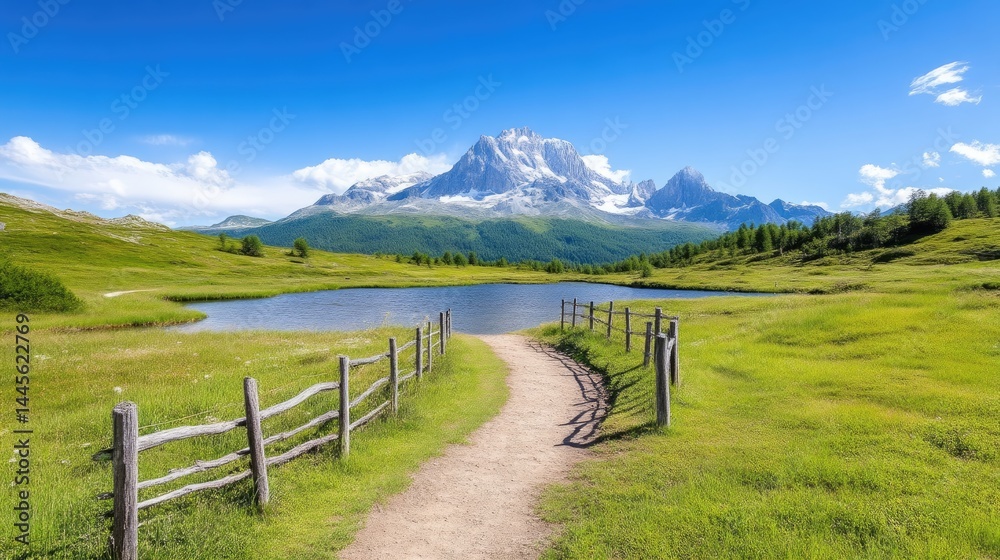Fototapeta premium Serene mountain lake vista. A picturesque pathway leads to a tranquil alpine lake nestled amidst lush green meadows, with snow-capped peaks in the background