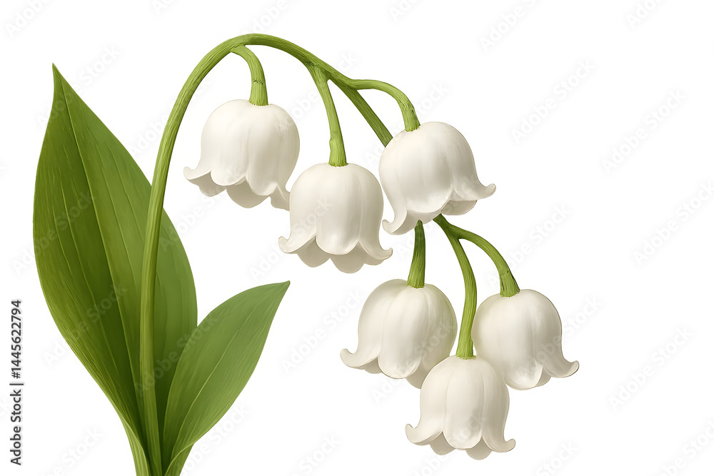 A cluster of white lily-of-the-valley flowers on a green stem with broad leaves. Concept Lily-of-the-Valley, White Flowers, Green Leaves, Spring Bloom, Garden Plants