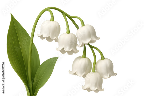 Obraz na płótnie A cluster of white lily-of-the-valley flowers on a green stem with broad leaves. Concept Lily-of-the-Valley, White Flowers, Green Leaves, Spring Bloom, Garden Plants w salonie