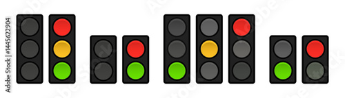 Vector illustration of traffic lights with red, yellow, and green signals. Ideal for road safety, transport design, UI indicators, and driving-related concepts in flat or realistic style.