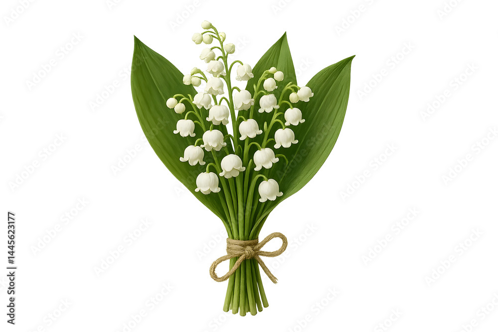 A bouquet of lily of the valley flowers, featuring delicate white blooms and green leaves tied with twine. Concept Lily of the Valley, Delicate White Blooms, Green Leaves, Rustic Bouquet