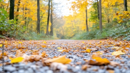 Autumnal forest path covered in fallen leaves.  Focus on ground level, leading into a hazy, golden forest
