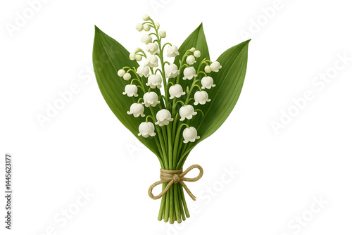 A bouquet of lily of the valley flowers, featuring delicate white blooms and green leaves tied with twine. Concept Lily of the Valley, Delicate White Blooms, Green Leaves, Rustic Bouquet