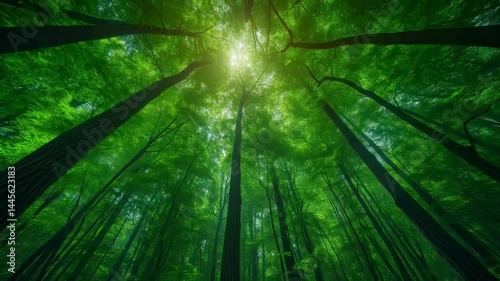 Looking up through tall green trees in lush forest canopy footage. Sunlight filters through leaves creating peaceful, serene atmosphere. View of nature's majesty. 