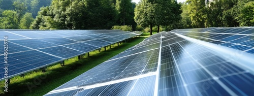 Rows of solar panels absorb sunlight in a green, tree-filled landscape, generating clean renewable energy, Net Zero Emissions .