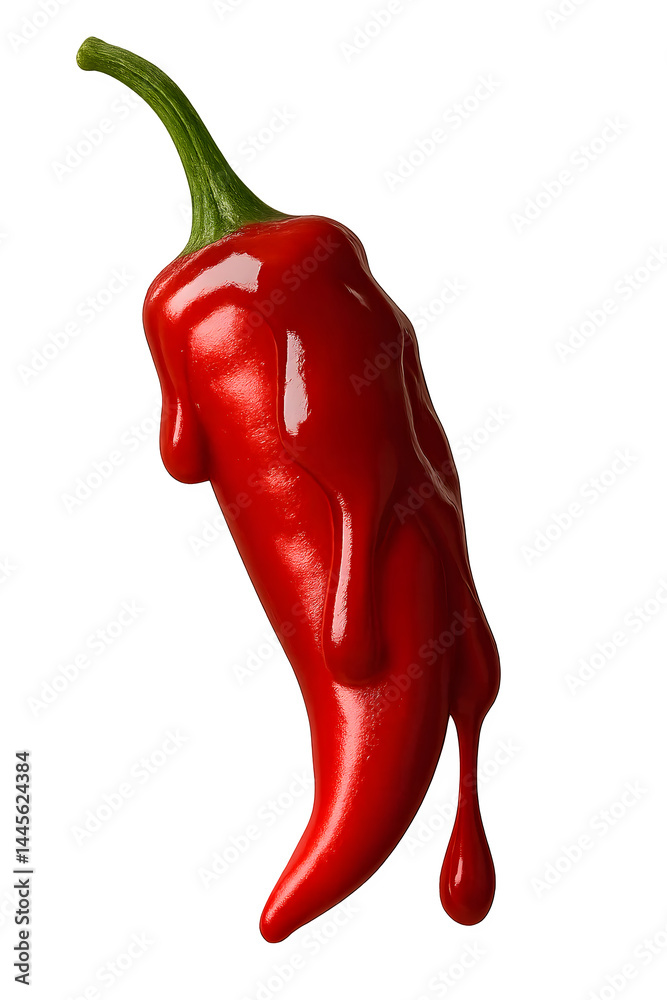 A red chili pepper with a glossy, dripping appearance, suggesting it may be coated in sauce or liquid. Concept Glossy Chili Pepper, Sauce Coating, Dripping Texture, Vibrant Red Color