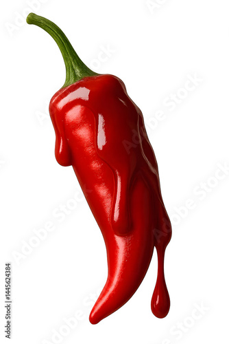 Obraz na płótnie A red chili pepper with a glossy, dripping appearance, suggesting it may be coated in sauce or liquid. Concept Glossy Chili Pepper, Sauce Coating, Dripping Texture, Vibrant Red Color w salonie