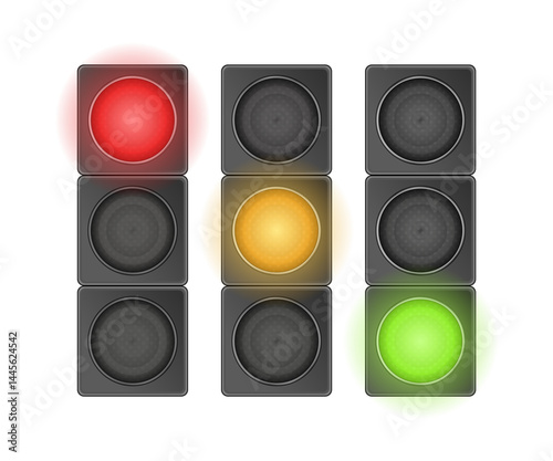 Vector illustration of traffic lights with red, yellow, and green signals. Ideal for road safety, transport design, UI indicators, and driving-related concepts in flat or realistic style.