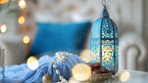 Ramadan Kareem footage: Glowing lantern, dates, prayer beads create festive Iftar atmosphere. Represents Islamic holiday traditions, fasting month, and spiritual celebration.