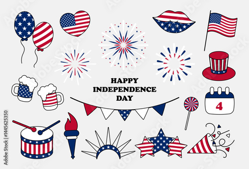 Set with national symbols of American Independence day. Cute fireworks, Uncle Sam hat, balloons, flag etc. Patriotic signs for 4th July celebration. Vector illustration
