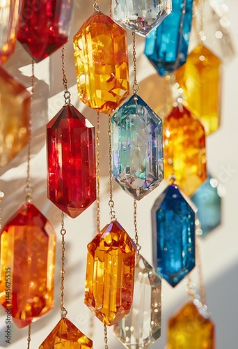 a close-up view of colorful, faceted crystal prisms suspended on delicate gold chains, creating a shimmering and decorative arrangement.