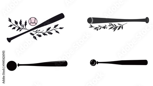 Baseball bat and ball silhouette vector graphic, representing the sport of baseball, ideal for sports themes, games, and athletic concepts.