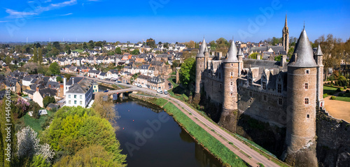 France most beautiful medieval castles -  Josselin , scenic fortress and old village in Morbihan department of Brittany. aerial drone panoramic view