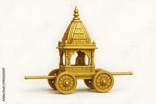 A decorative golden chariot, featuring intricate designs and ornate details, often associated with cultural or religious significance. Concept Golden Chariot Design, Intricate Ornamentation