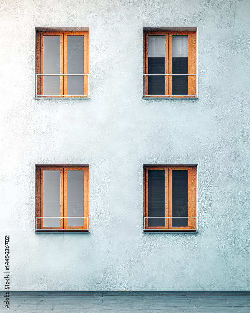 Fototapeta premium Modern building facade featuring four wooden window frames against a light blue wall
