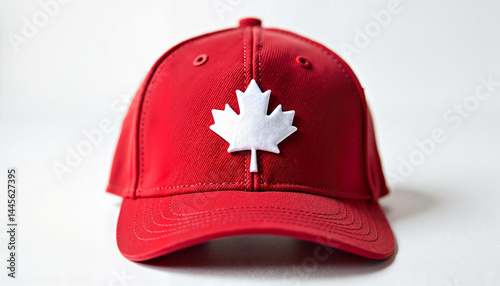 Red Canadian Hat Featuring Maple Leaf Against Simple Background  