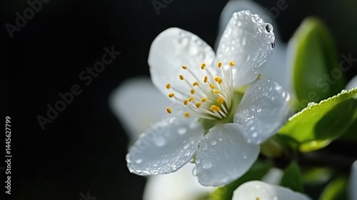 White plum blossom flower with morning dew drops on its petals close up in a spring garden.
