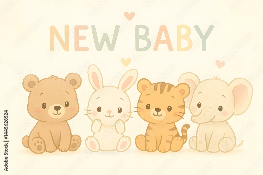 A cute illustration featuring a bear, rabbit, tiger, and elephant with the text NEW BABY above them. Concept Baby Animals Illustration, Cute Bear and Rabbit, Friendly Tiger and Elephant