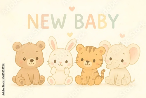Obraz na płótnie A cute illustration featuring a bear, rabbit, tiger, and elephant with the text NEW BABY above them. Concept Baby Animals Illustration, Cute Bear and Rabbit, Friendly Tiger and Elephant w salonie
