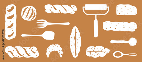 Bakery and fresh pastry pattern set. Collection of homemade bread, buns, baguettes, and assortments. Bakery and shop. Flat illustration vector elements. Isolated. Simple, colorful graphic background.
