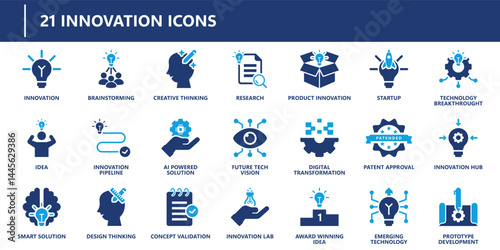 Innovation icons pack in solid style including idea, research, product innovation, AI solutions, digital transformation, patent, and prototype.