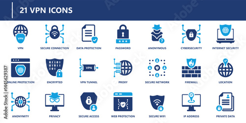 VPN icons pack in solid style including secure connection, proxy, firewall, privacy, data protection, encrypted, IP address, and secure wifi.