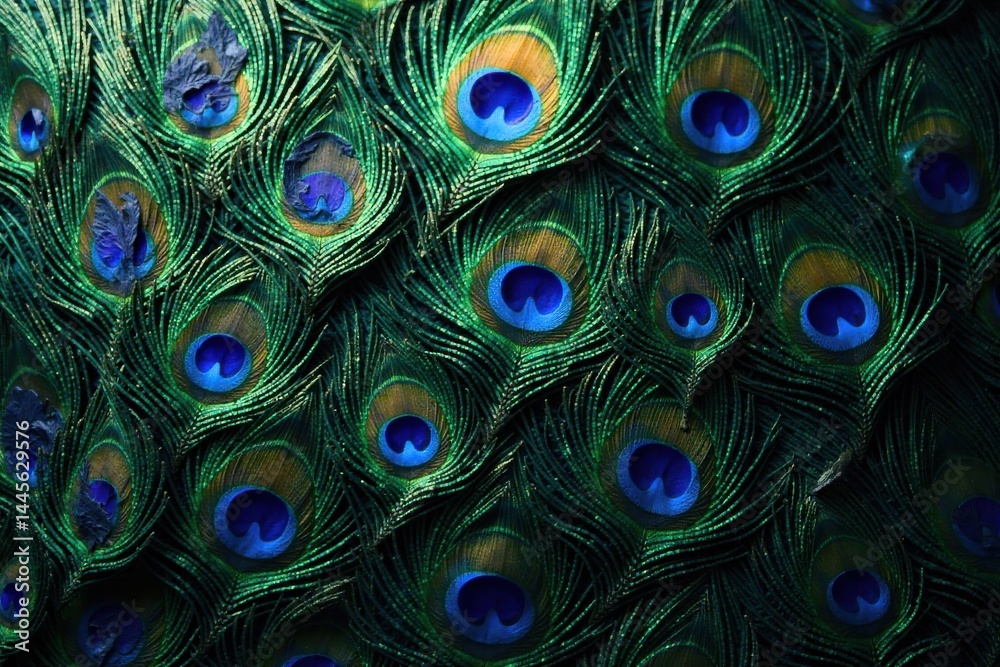 Fototapeta premium A Detailed Close-Up View of Vivid Peacock Feathers Displaying Intricate Patterns and Luminous Colors