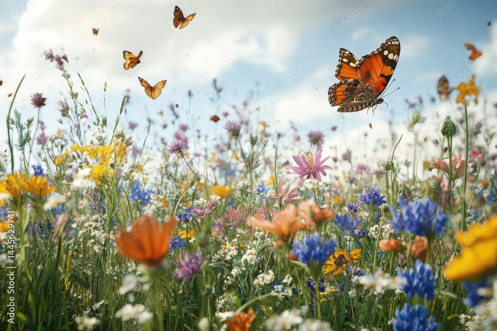 A vibrant meadow filled with colorful wildflowers under a bright blue sky, where butterflies gracefully flutter among the blossoms, creating a serene and lively natural scene A vibrant meadow filled with colorful wildflowers under a bright blue sky, where butterflies gracefully flutter among the blossoms, creating a serene and lively natural scene