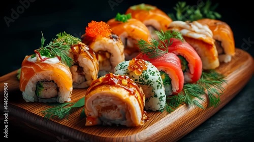 Assorted sushi roll set beautifully arranged on wooden board footage. Close-up showcasing variety of Japanese maki rolls with fish, caviar, and dill. View of delicious Asian fusion appetizer.