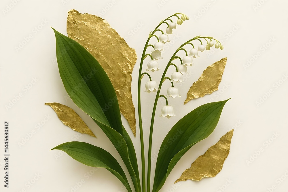 A floral arrangement featuring white lily of the valley flowers alongside bold, textured gold leaf accents. Concept Floral Arrangement, White Lily of the Valley, Gold Leaf Accents, Elegant Design