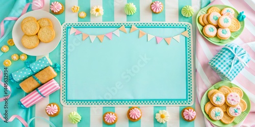 Colorful Dessert Table with Cookies, Cupcakes, and Decorative Elements for Celebrations