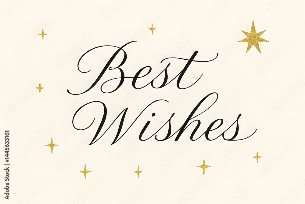 A decorative card with the phrase Best Wishes in elegant font surrounded by gold stars. Concept Elegant Greeting Card Design, Best Wishes Phrase, Gold Star Accents, Decorative Elements