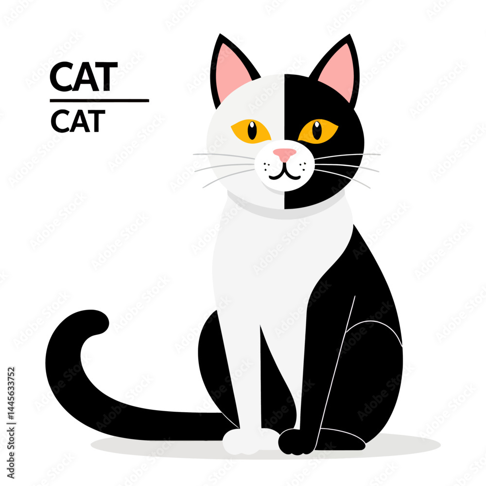 Obraz premium Black_and_White_Cat_Illustration_Adorable_Cartoon_Cat_Image_Cute_Feline_Character_Sitting_Pretty_Cat_Graphics_Pet_Illustration_Animal_Artwork