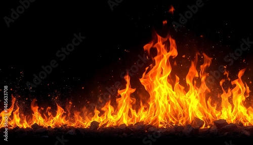 Bright and Intense Fire Flames Burning Wildly Against a Dark Background