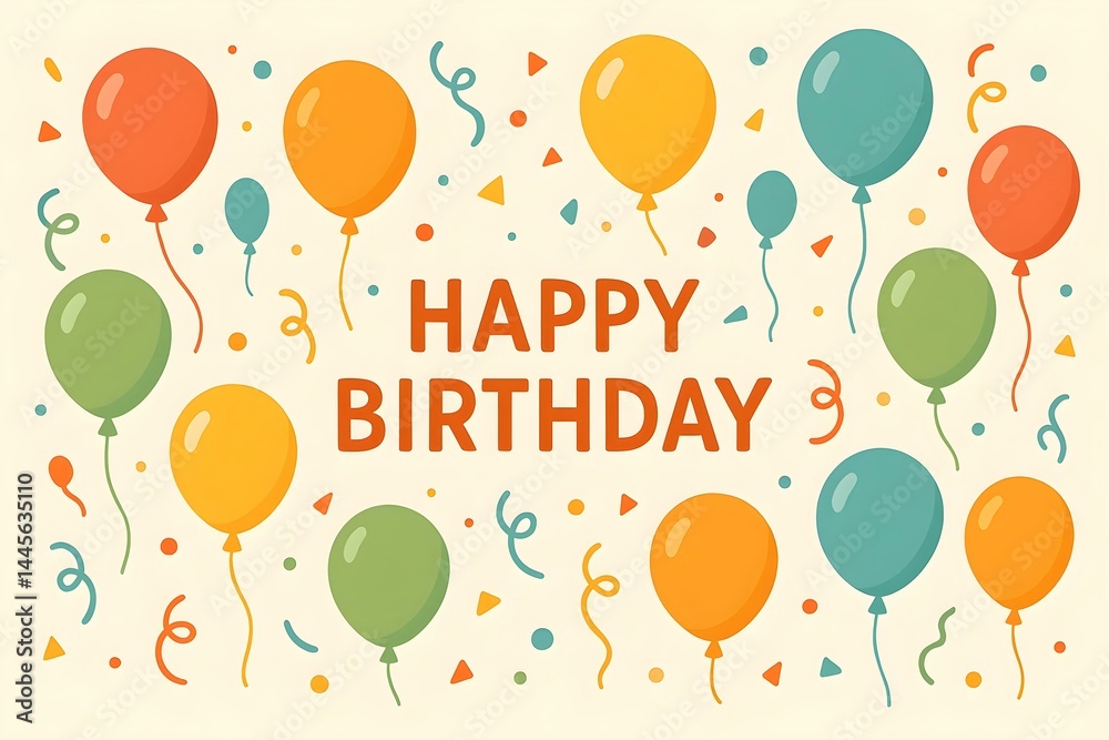 Colorful balloons and confetti with the text HAPPY BIRTHDAY in bold letters, creating a festive celebration theme. Concept Birthday Celebration Theme, Colorful Balloons, Festive Confetti