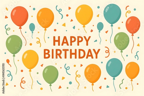 Obraz na płótnie Colorful balloons and confetti with the text HAPPY BIRTHDAY in bold letters, creating a festive celebration theme. Concept Birthday Celebration Theme, Colorful Balloons, Festive Confetti w salonie
