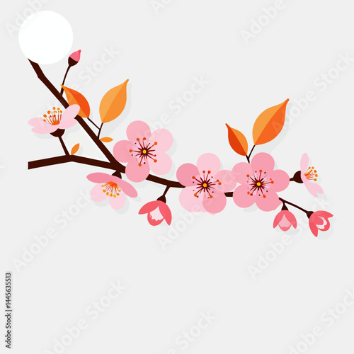 Wallpaper Mural Elegant Cherry Blossom Branch Artwork_Pink Flowers and Orange Leaves on White_Japanese Springtime Illustration_Floral Design for Wall Art and Digital Projects Torontodigital.ca