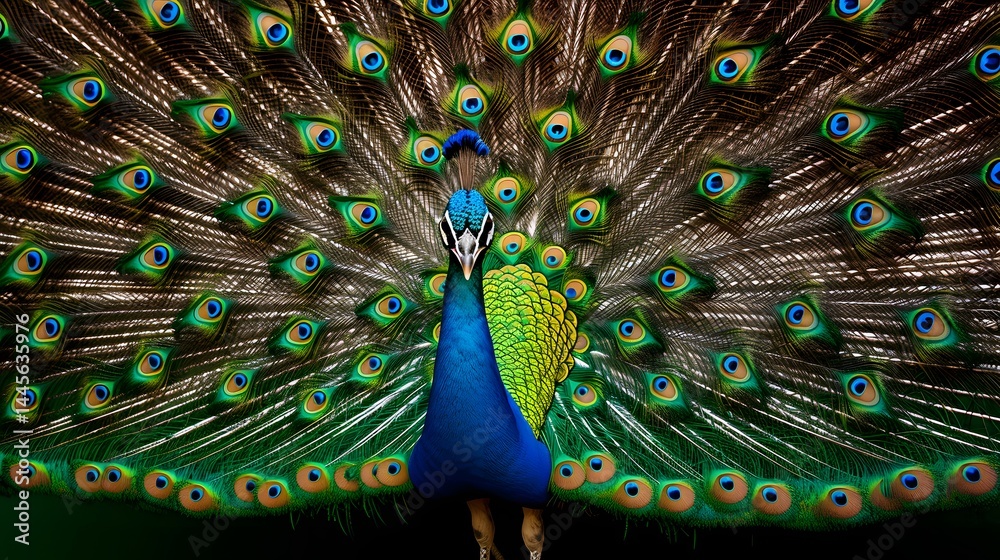 Obraz premium Majestic peacock displaying its feathers in nature vibrant colors close-up wildlife photography