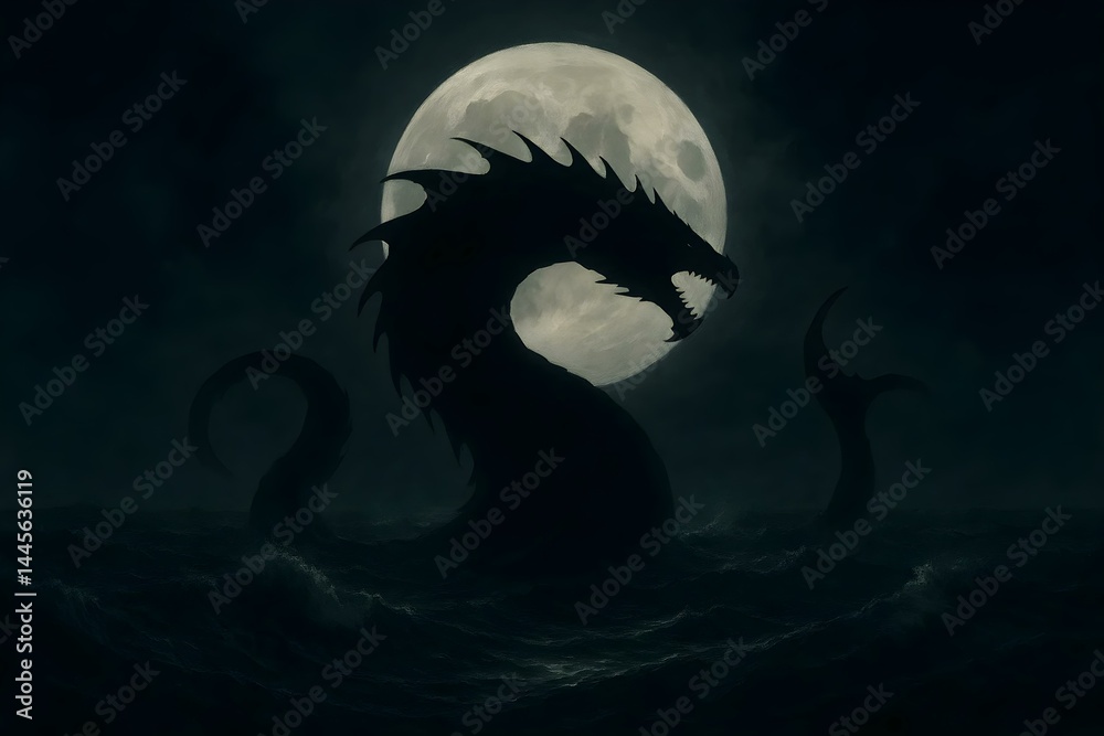 A dark, mythical sea creature rises from turbulent waters under a full moon, creating a dramatic and eerie atmosphere. Concept Mythical Sea Creature, Dramatic Atmosphere, Turbulent Waters, Full Moon