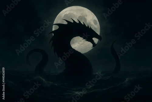 Obraz na płótnie A dark, mythical sea creature rises from turbulent waters under a full moon, creating a dramatic and eerie atmosphere. Concept Mythical Sea Creature, Dramatic Atmosphere, Turbulent Waters, Full Moon w salonie