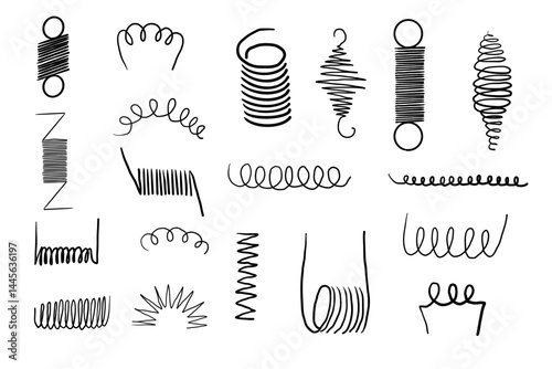 Metal coil spiral bounce metal line hand drawn doodle. Slinky or wire flexible spring. Set curly wavy twisted shape.