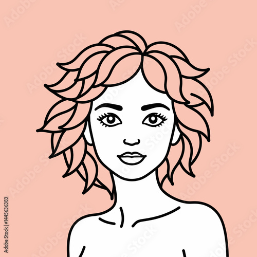 Line Art Woman with Curly Hair Illustration_Fashionable Female Portrait with Delicate Features_Graphic Design for Hair Style and Beauty Blog