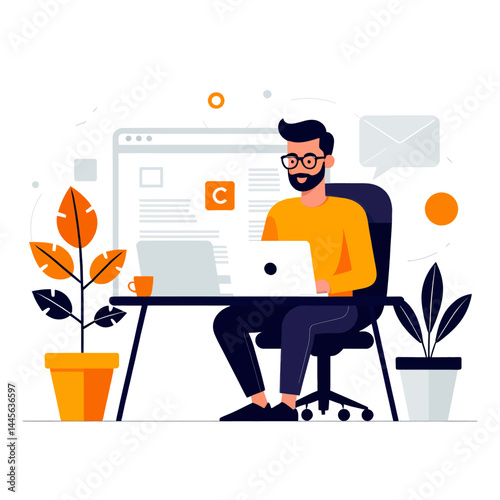 Man_Working_from_Home_with_Laptop_in_a_Minimalist_Workspace_Illustration_featuring_Plants_and_Clean_Design_Ideal_for_Blog_or_Website_Header_Content_Creation_Concept