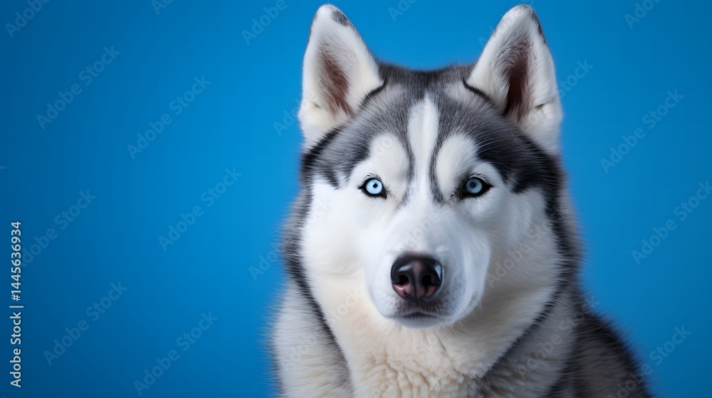Majestic siberian husky with piercing blue eyes studio portrait blue background close-up animal beauty Majestic siberian husky with piercing blue eyes studio portrait blue background close-up animal beauty