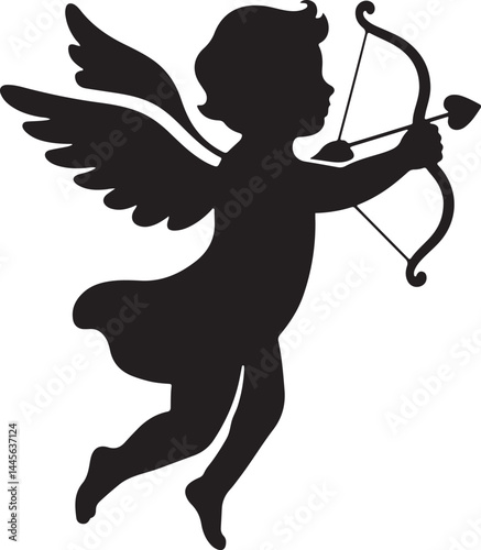 Flying cupid with bow and arrow silhouette vector illustration