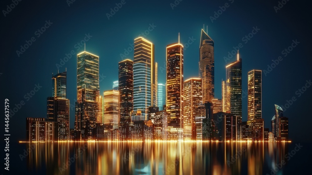 Fototapeta premium Digital skyline of a smart city, lit with neon grid lines on deep blue