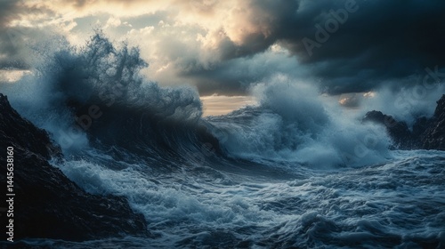 Dramatic Ocean Waves Crashing on Dark Rocks at Sunset