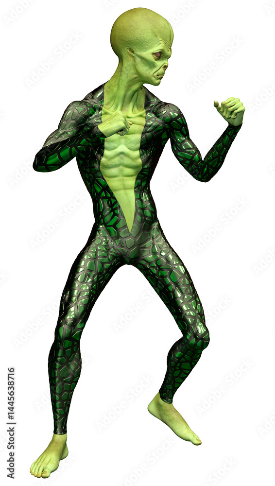 3D Rendering Green Alien on White 3D Rendering Green Alien on White